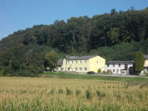 una grande casa gialla di fronte a un campo di Gasthaus Kleebinder a Haunoldstein