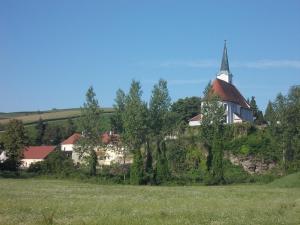 a church on top of a hill with a field at Gasthaus Kleebinder in Haunoldstein