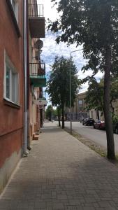 a brick sidewalk next to a street with a building at Central Park in Daugavpils