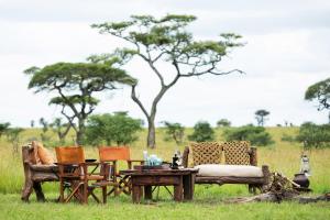 un grupo de sillas y una mesa en el césped en Pumzika Luxury Safari Camp, en Banagi