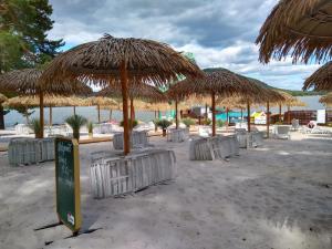 a group of straw umbrellas and chairs on a beach at Apartmán v Zátiší in Staré Splavy