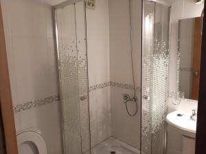 a bathroom with a shower and a toilet and a sink at Casa de Piedra in Termas del Daymán