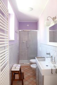 La salle de bains est pourvue d'une douche, de toilettes et d'un lavabo. dans l'établissement B&B Lavanda e Rosmarino, à Assise