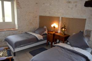 a bedroom with two beds and a table with a lamp at Le Manoir De Bonal in Penne-dʼAgenais
