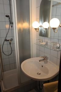 y baño con lavabo y ducha. en Pension Erlaa en Viena