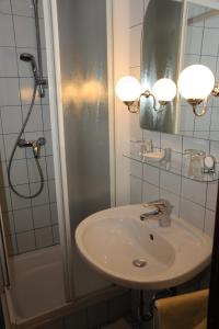 ein Bad mit einem Waschbecken und einer Dusche in der Unterkunft Pension Erlaa in Wien