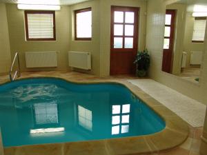 een zwembad in een badkamer met een grote spiegel bij Penzion Martin in Janske Lazne