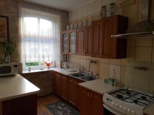 cocina con armarios de madera, fregadero y fogones en Apartament nr 3 w Starym Nadleśnictwie, en Kościerzyna