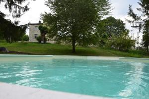 a pool of blue water with a house in the background at Le Manoir De Bonal in Penne-dʼAgenais