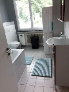 La salle de bains blanche est pourvue d'un lavabo et de toilettes. dans l'établissement Ferienwohnung Viers, à Bregenz