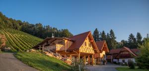 a wooden house with a vineyard and a road at Weinhof Klug-Krainer in Deutschlandsberg