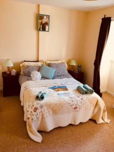 a bedroom with a bed with two pairs of shoes on it at Treasure Box Retreat in Clifden