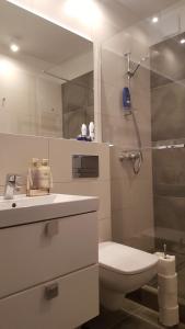 łazienka z toaletą, umywalką i prysznicem w obiekcie Apartament Morski przy Latarni w Darłówku