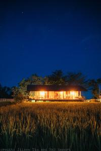 una casa en medio de un campo por la noche en Guerrera Rice Paddy Villas en Mambajao