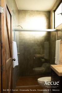 a bathroom with a shower with a toilet and a sink at Vinos Xecué in Ensenada
