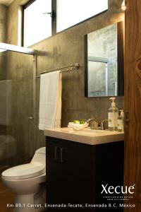 a bathroom with a toilet and a sink and a mirror at Vinos Xecué in Ensenada