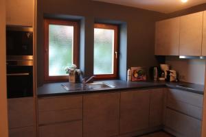 a kitchen with a sink and two windows at Villa Falkner in Tirolo