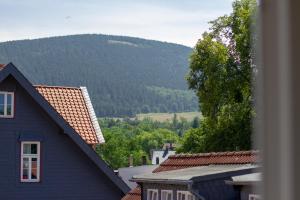 a view of a mountain from the roofs of houses at Gästehaus Schmitz in Goslar