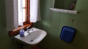 baño verde con lavabo y ventana en Borkhushyttene en Rundtom