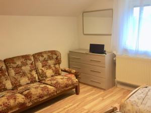 ein Wohnzimmer mit einem Sofa und einer Kommode in der Unterkunft Bavarian Holiday Home - A94 Autobahn in Oberheldenstein