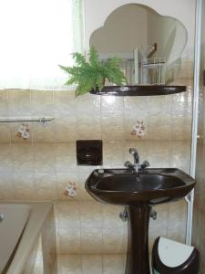 a bathroom with a sink and a mirror on the wall at Őrségi Gorza Vendégház in Nagyrákos