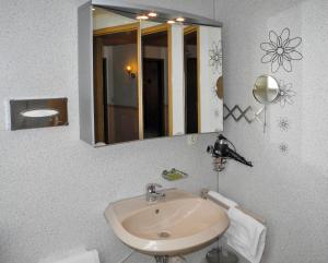 La salle de bains est pourvue d'un lavabo et d'un miroir. dans l'établissement Ferienwohnung Wiese, à Riedenburg