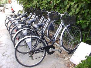 Una fila de bicicletas estacionadas una al lado de la otra. en Hotel Rivamare, en Massignano