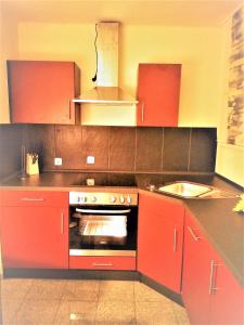 una cucina con armadi rossi, piano cottura e lavandino di Apartment Hof-Bayern a Hof
