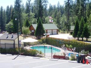 a swimming pool in a yard with a building and trees at Wildwood Inn in Twain Harte
