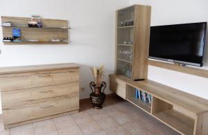 a living room with a tv and a wooden entertainment center at Gästehaus Fischbach in Jois