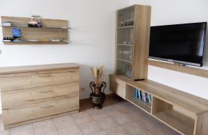 a living room with a tv and a wooden entertainment center at Gästehaus Fischbach in Jois