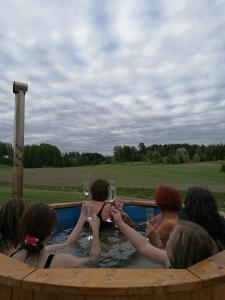 a group of people drinking wine in a hot tub at Willa Mustijoki in Laukkoski