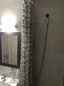 康斯坦察的住宿－Central Residence Constanta，浴室配有淋浴帘和盥洗盆。