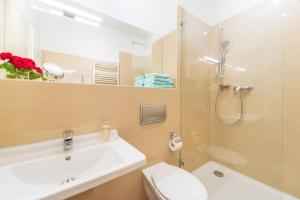a bathroom with a sink and a toilet and a shower at Ferienwohnung Seemuschel in Binz