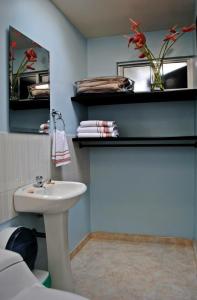 a bathroom with a white sink and a mirror at Hotel Victoria in Chinchiná