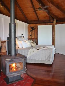 Mt Quincan Crater Retreat في يونغابورا: غرفة نوم مع موقد خشب أمام سرير