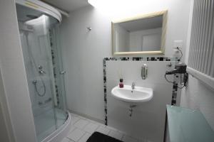 a bathroom with a sink and a shower and a mirror at Pension Lamme in Braunschweig