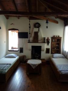 sala de estar con 2 camas y chimenea en House Rodia, en Prinos