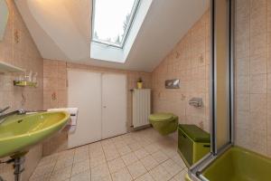 a bathroom with a sink and a toilet and a window at Gröbl-Alm Haus zur schönen Aussicht in Graswang