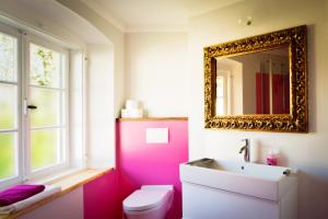 a bathroom with a white toilet and a mirror at Zeitraumferien in Bernau am Chiemsee +53 photos