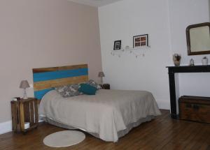 um quarto com uma cama, uma lareira e um espelho em La Pie Grièche em Coucy