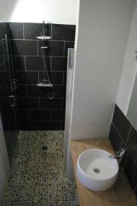 uma casa de banho com um WC e um chuveiro com azulejos pretos em Le Prieuré em Lézigné