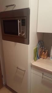 インツェルにあるAlpina Inzell 335 Chiemgaukarteの白いキャビネットの上に電子レンジ付きのキッチン