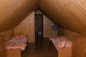 2 łóżka w pokoju na poddaszu w obiekcie Sklep u Malíků w mieście Dürnholz