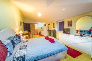 a bedroom with a large bed and a kitchen at Apartments Magnolija in Ohrid