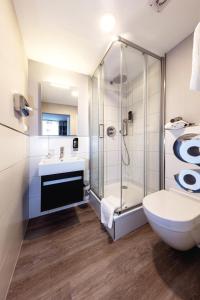 ein Bad mit einer Dusche, einem Waschbecken und einem WC in der Unterkunft Gasthaus zum Ochsen in Mannheim