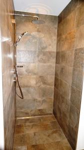 ein Bad mit einer Dusche und einer gefliesten Wand in der Unterkunft Apartment Wandspitz in Hintertux