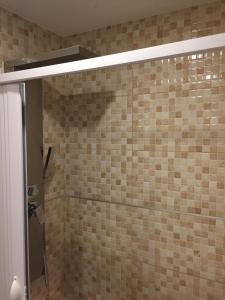 a bathroom with a shower with a tile wall at Pasaje La Camboria in Fuengirola