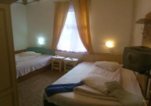 a hotel room with two beds and a window at vila strugurelu hostel in Predeal