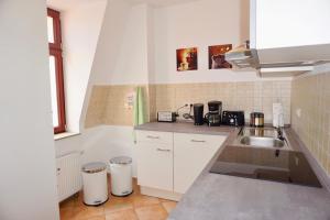 una pequeña cocina con fregadero y encimera en Manitius 9, DD-Friedrichstadt (Zentrumsnah) en Dresden